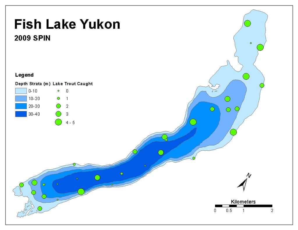 Figure 1. Bathymetric map of Fish Lake showing the number of lake trout caught at each set location. Conclusions SPIN is a more statistically robust method of tracking population changes than SLIN.