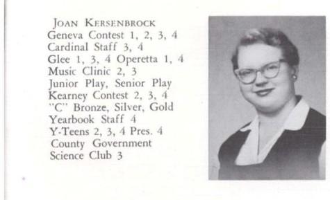 Jody Kerssenbrock graduated with the class of 1954. In high school, she was involved in the Geneva Contest, Senior Play, and Operetta. After she graduated, she attended Doane College for one year.