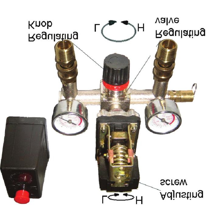 OPERATION & ADJUSTMENT 1. There are two pressure gauges on the compressor: The gauge on the right hand side show the current pressure in the reservoir tank.