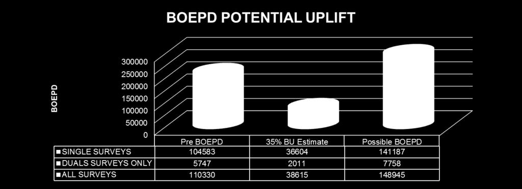 Potential BOEPD Build Up 196 Single Wells Surveyed Recommendation made & follow-up completed on 49 wells (28% of total) 35% Increase in Daily Production