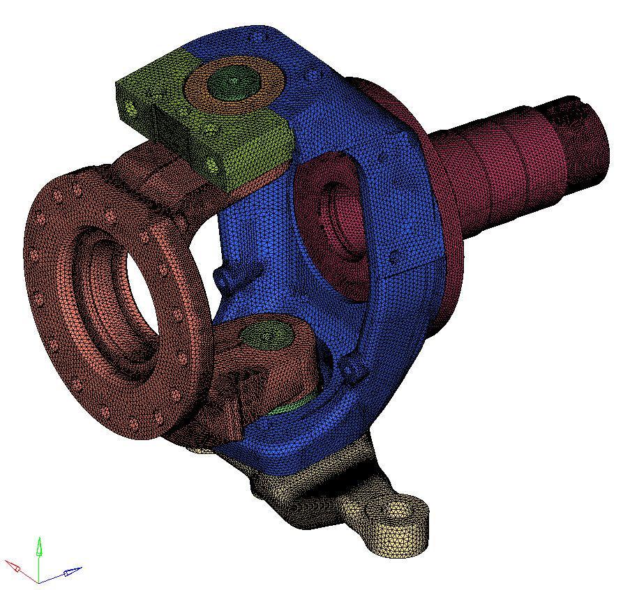 i) FE Modelling of Knuckle assembly The joint flange, knuckle, spindle, kingpins, plummer block tie-rod arm, bush and thrust bearing are meshed with 3D tetrahedral elements in Altair HyperMesh.