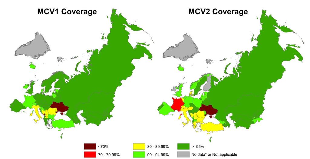 MCV1 and MCV2 Coverage in WHO European Region, 2015 Data source: WUENIC Data as of