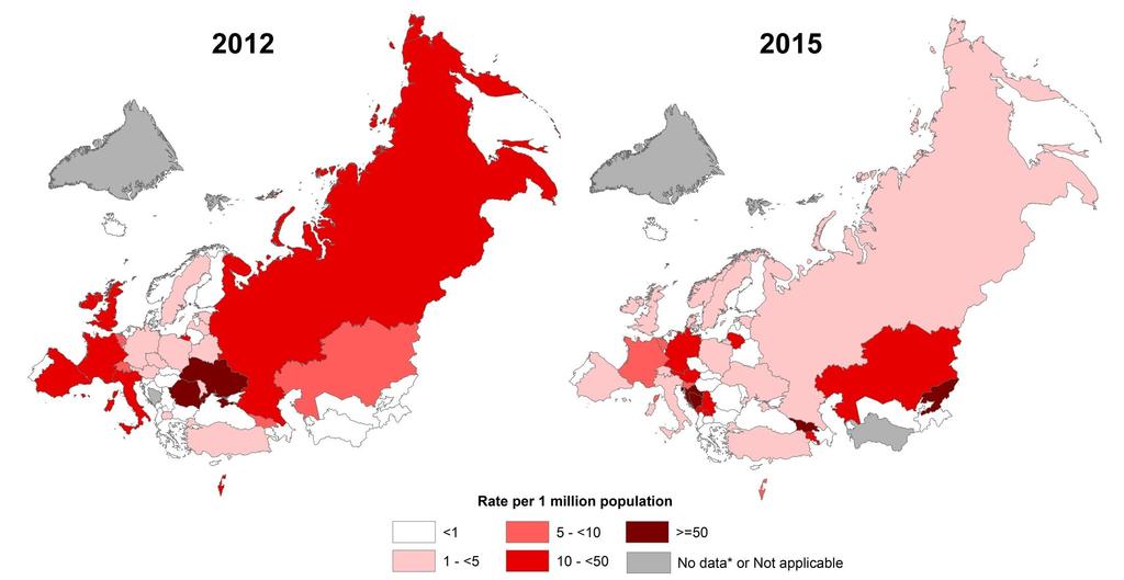 Measles Incidence Rate in WHO European Region, 2012-2015 Data source: CISID Data as of 01-Nov-2016