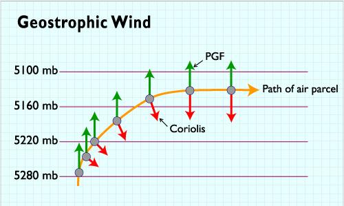 Geostrophic wind- air flow generated by a balance between the pressure gradient force and the Coriolis effect. Air flow is thus to the right of the pressure gradient force why?