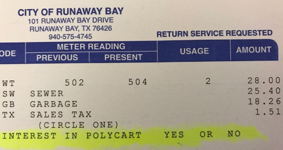VOLUME 18 ISSUE 5 CITY OF RUNAWAY BAY MAY 2018 NEWSLETTER PAGE 2 NOTICE Please Read: Poly-Cart On your water bill for April you will find the YES or NO option for the Poly- Carts from Waste