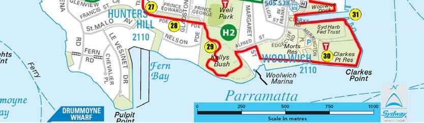 Follow Reiby eastwards until it meets Hunters Hill High School where a gateway leads to the waterfront Three Patriots Walk.