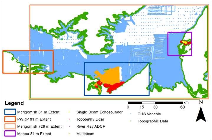 Figure 4.1: Sources of model topographic and bathymetric data. A nested grid model approach was used to reduce the calculations required by the models.