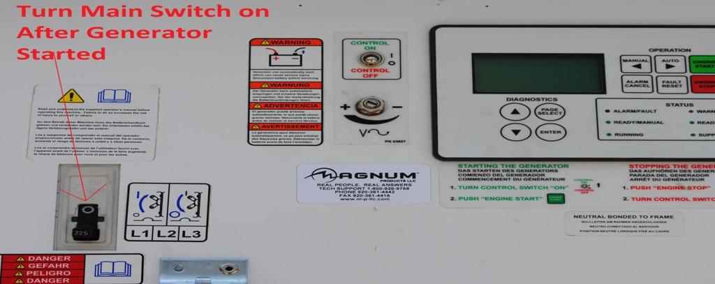 Generator will shut off after 10 seconds if fuel level is below 15%. See engine selfdiagnostics on generator control panel.