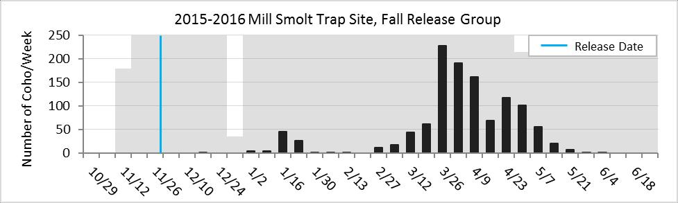 smolt trap site each week between October 29, 2015 and June 25, 2016.