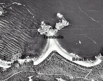 A tombolo occurs when sediment deposits connect