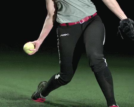 7. Release/Follow Through a. As the right arm brushes against the front of the right leg, keep the fingers behind the ball through release.