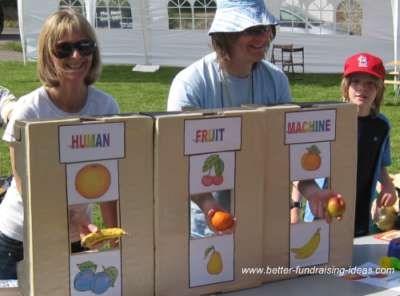 Human Fruit Machine With a normal fruit machine competitors pay to try to match winning lines of lemons, oranges, pears etc.