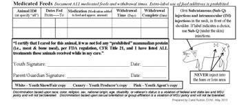 completed health record form listing all products and treatments received, including recommended or established withdrawal times for each product.