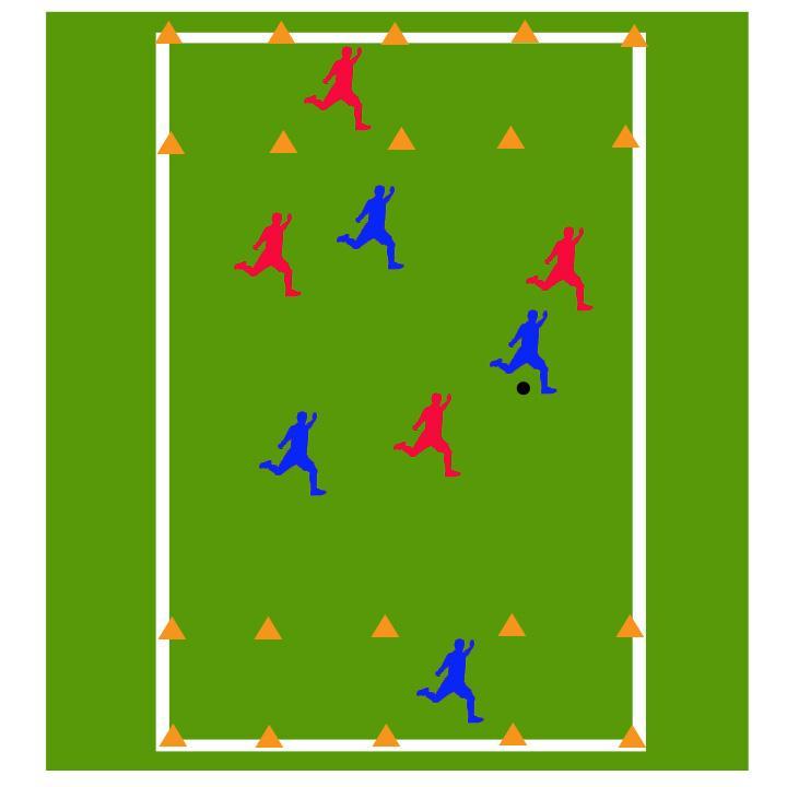 Small Sided Game to Teammate in End Zone Small Sided Games to Teammate in End Zone Create a playing area in a rectangular shape with an end zone marked out at each end.