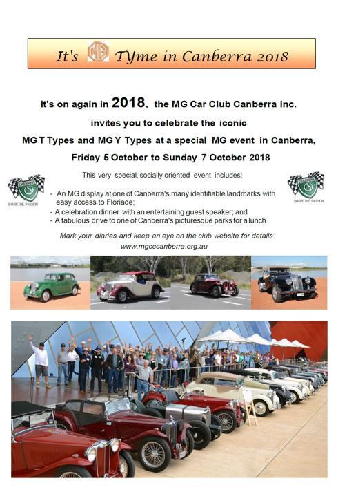 The MG Car Club Canberra is once again staging MG TYme in October 2018.