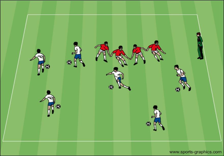 Every white player has a ball. Red players may shift to cover different goals or try to steal balls away from goal and give to coaches lining outside of field. Count goals scored.