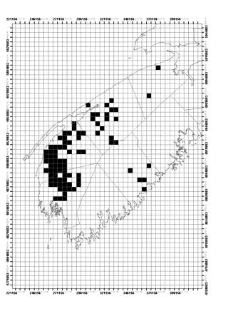 A 5km2 grid was then placed over the map to provide systematic sample units in which to look for marten. A minimum of four hair snag stations was placed in each sample unit with 0.