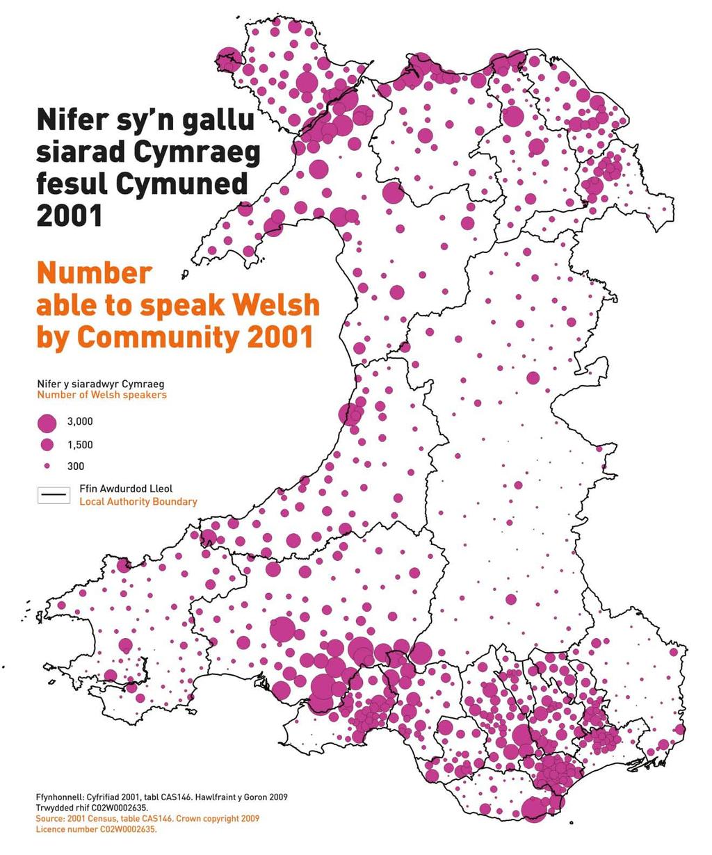Map 3: Nifer yn gallu siarad Cymraeg, 2001 (Daw r map