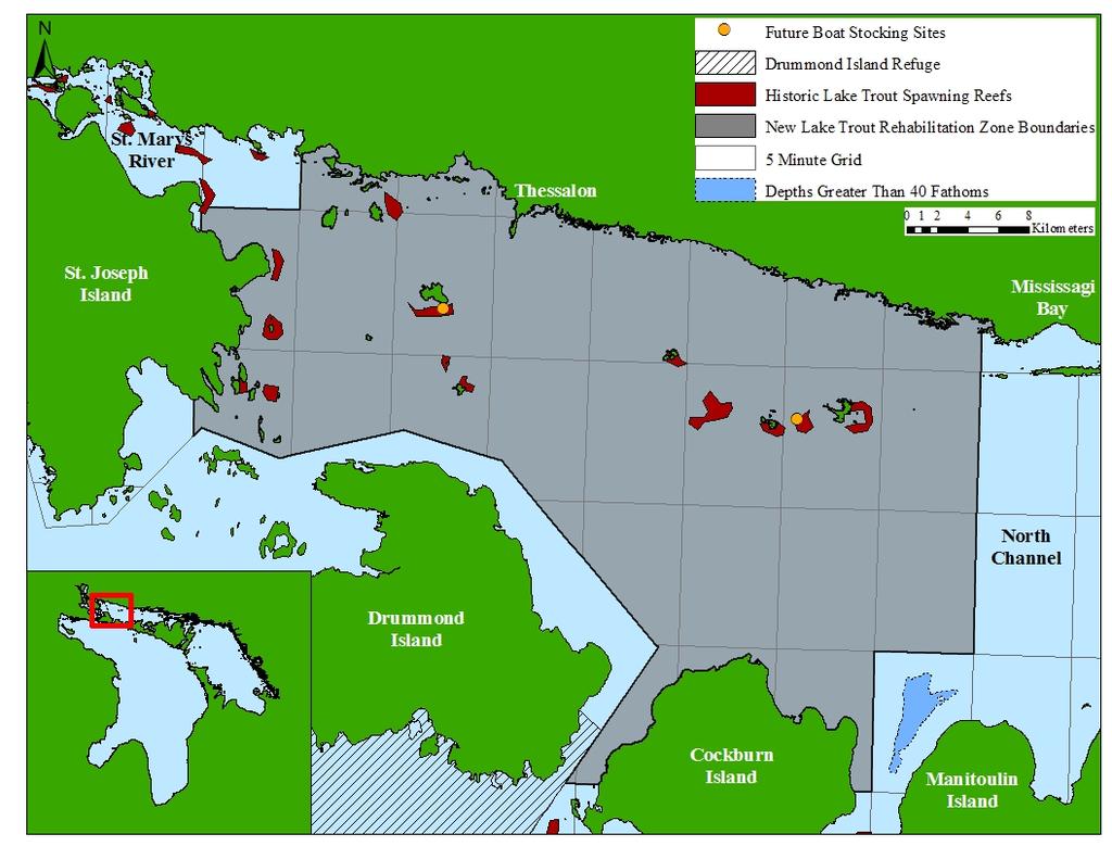 LAKE TROUT REHABILITATION ZONE 1 Lake Trout Rehabilitation Zone 1 is located in the western end of the North Channel (Figure 1). It encompasses all the Canadian waters from the eastern shore of St.