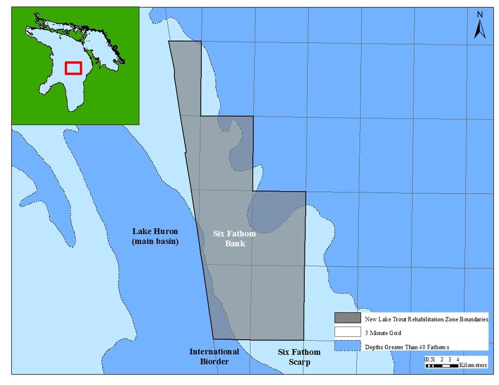 LAKE TROUT REHABILITATION ZONE 16 Lake Trout Rehabilitation Zone 16, Six Fathom Bank, is located in the main basin of Lake Huron (Figure 16) approximately 55 km offshore.