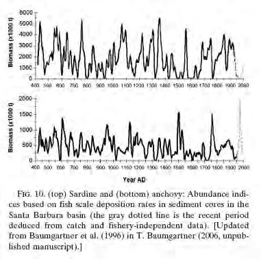 Independent data Crash of the sardine fishery off California in the 1950s Fish scales in Santa Barbara Basin sediments SB Basin is permanently anoxic, little bioturbation, good preservation