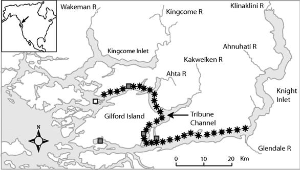 Study area and sample sites for one of the data sets (April 28 to May 8, Tribune Channel; Fig. 2) Krkošek M et al.