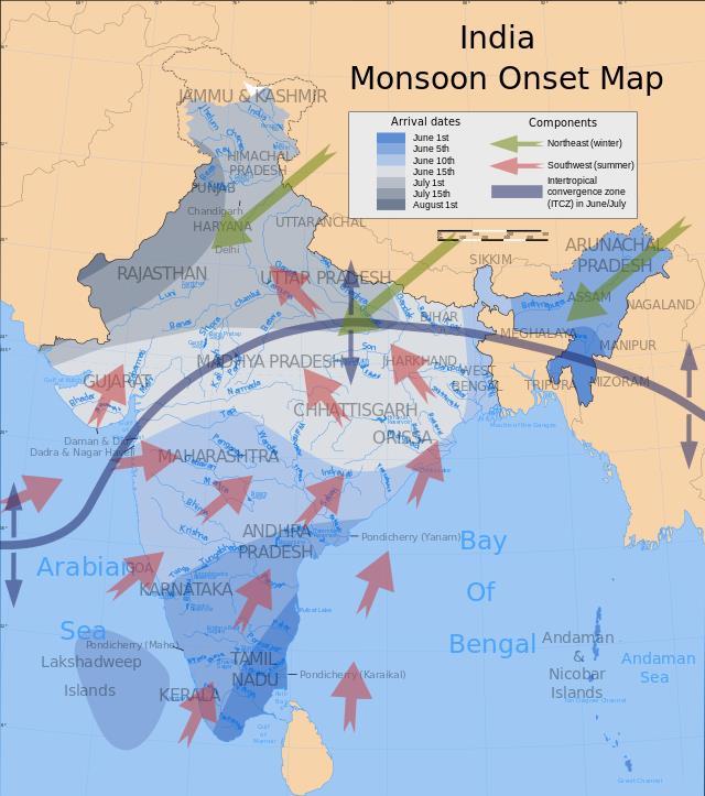 Indian Summer Monsoon (Southwest monsoon) The southwestern summer monsoons occur from July through September.