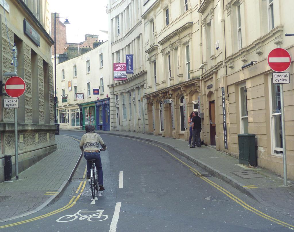 Improved permeability: contraflow cycling in a one-way street, Bristol Photo: J.