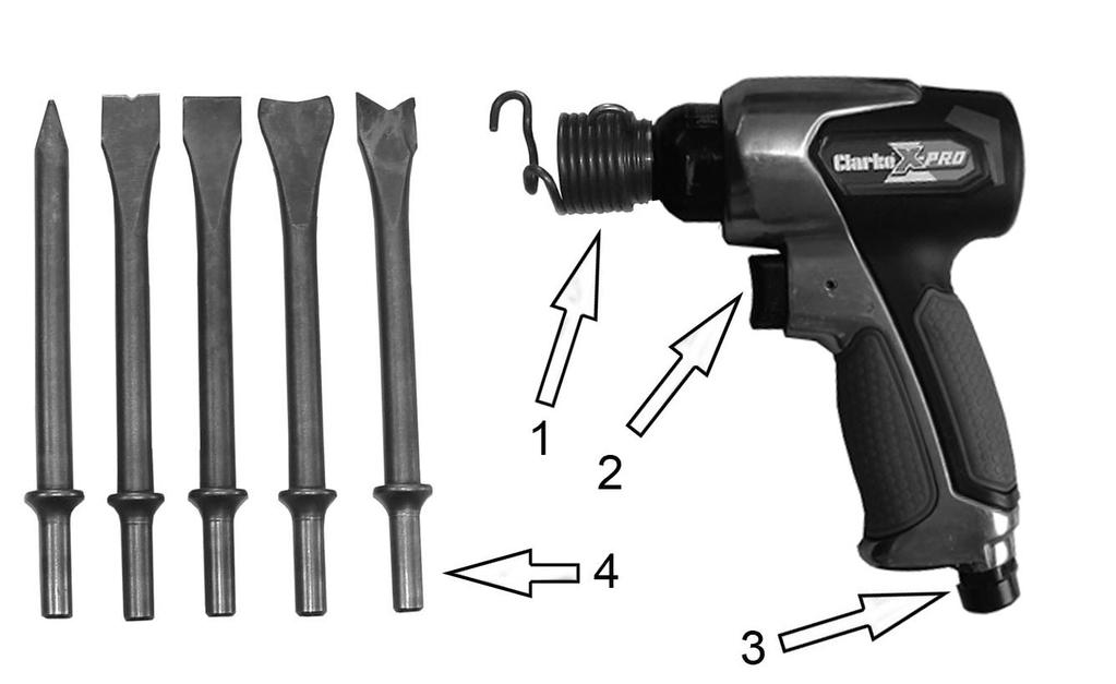 OVERVIEW NO DESCRIPTION NO DESCRIPTION 1 Retaining spring 3 Air Inlet 2 Trigger 4 Chisel Set (CAT138-5 chisels/ CAT139-4 chisels) OPERATION NOTE: Ensure the compressed air supply is turned off. 1. If required, connect an in-line mini oiler to the tool.