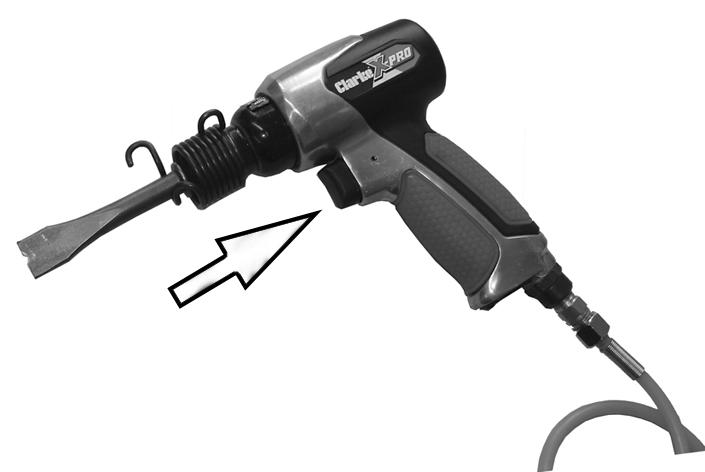 Use the inboard lug to gain purchase. 2. Insert the chisel into the air hammer as shown. 3. Replace the retaining spring as shown. Use the lugs to tighten. USING THE AIR HAMMER 1.