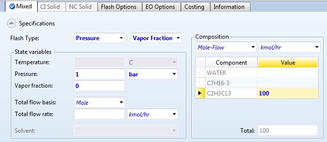 4.04. In the Streams FEED-C2 Input Mixed sheet, select Pressure and Vapor Fraction in drop-down lists for Flash Type.