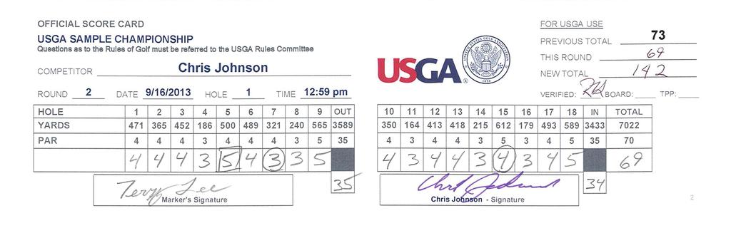 C. 1. Check that there are 18 individual hole scores - one in each box. 2. Check that each is legible. B. Marker Signature Checking a Score Card G.