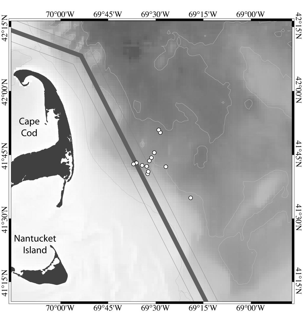 Figure 2. Initial tagging locations of 14 North Atlantic right whales in the northwestern Great South Channel.