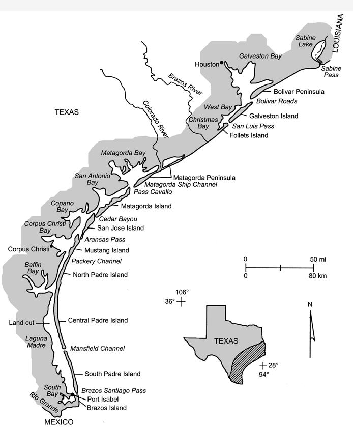 Figure 1. Index map of the Texas coast showing the major geomorphic features (modified from Morton 1994). creates little intertidal zone on the beach and causes little tidal-influenced beach change.