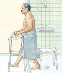 WALKERS: BATHING Special shower chairs and tub benches are available for use while bathing.