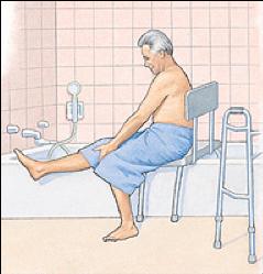 Reach back for the shower chair first with one hand, then the other, as you begin to sit down. 4.
