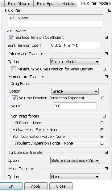 Fluid Pair Models Click on the Fluid Pair Models tab and: Click on the Surface Tension Coefficient toggle and enter a value of 0.
