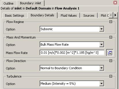 Inlet Boundary Condition: inlet Insert an Inlet boundary named inlet and assign it to the location INLET On the Boundary details tab: Set the Mass and Momentum Option to Bulk Mass