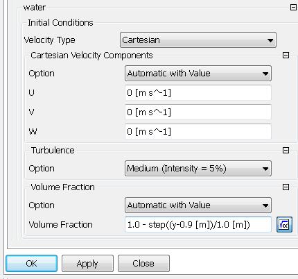 Global Initialization: Fluid Settings On the Fluid Settings tab, highlight air and set: U, V, and W Cartesian Velocity Components to Automatic with Value
