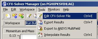Continuing the Run From the Solver Manager, click on Tools/Edit CFX Solver File and select the results file for your