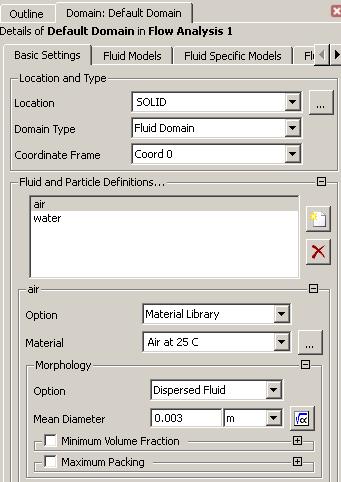 Defining Domain Fluids (Dispersed Phase) Still on the Basic Settings tab of the Details form for the domain: Click on the New icon next to the Fluid and Particle Definition window and insert a new