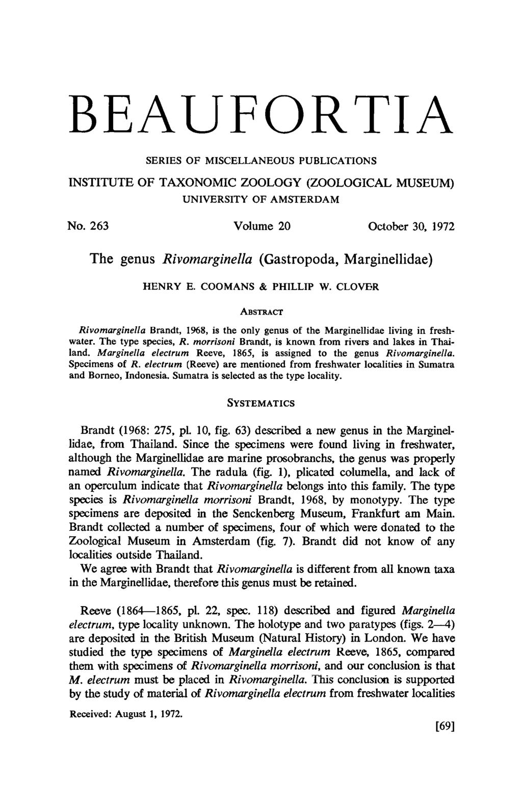 Beaufortia SERIES OF MISCELLANEOUS PUBLICATIONS INSTITUTE OF TAXONOMIC ZOOLOGY (ZOOLOGICAL MUSEUM) UNIVERSITY OF AMSTERDAM No.