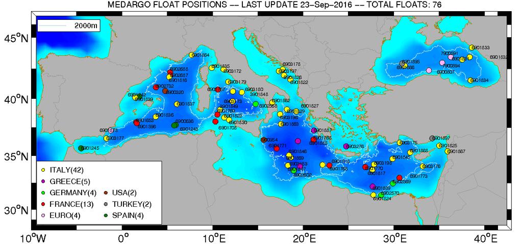 Figure 5. MedArgo float positions as of 20 September 2016 (updated daily). Figure 6. MedArgo float positions and tracks (August 2016).