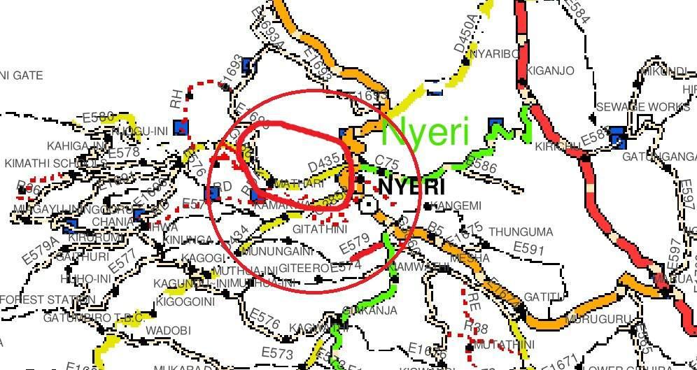 1.3.3 Nyeri County roads These are - Jn C70 Ruring u D434 Kinunga Rd (E579) - Muthua-ini Munungaini Rd (D435) Figure 5: Map showing location of E579 and D435 trial sections close to Nyeri town E579