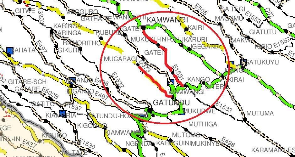 Figure 1: Map showing trial section D379 and E 1531 1.3.1.1 Wamwangi Karatu Rd D379 This road starts at Wamwangi town centre, some 3 kilometres north of Gatundu town, and is 400 m long.