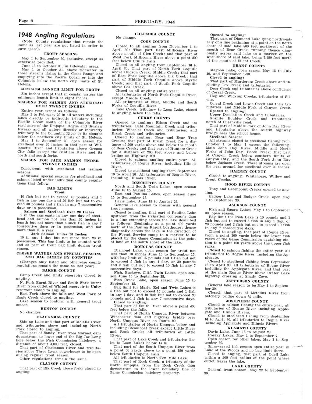 Page 6 FEBRUARY, 1948 1948 Angling Regulations (Note: County regulations that remain the same as last year are not listed in order to save space).