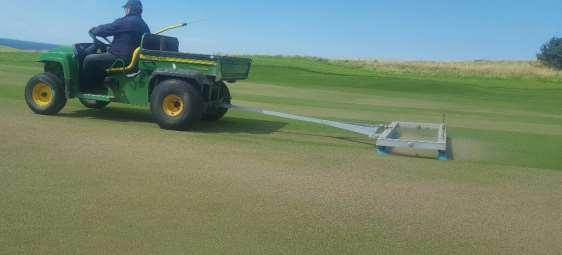 Ten ton of top-dressing sand was applied, to smooth the putting surface, followed by a light brushing to work the sand in. The greens were then rolled with the turf iron.