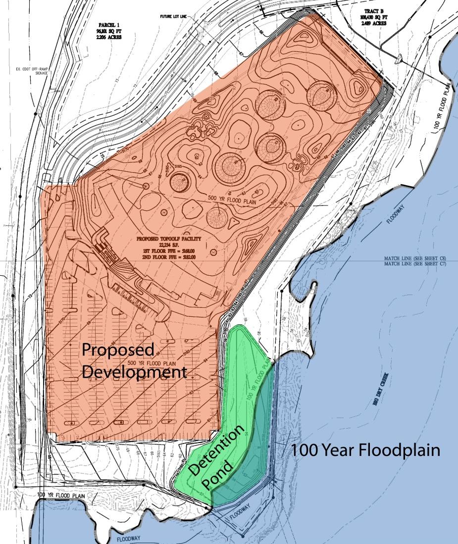 Page 4 All of the proposed development, including the GSF, lies outside of the 100 year floodplain. The design considered and intentionally avoided the floodplain. See below diagram.