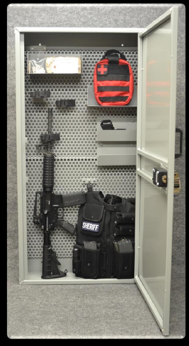 SRO CABINET ED Law Enforcement Large Cabinet P/N: SROC-ED-L-# Tactical Vest with Kevlar Trauma Kit and Go Bag Illegal Narcotics, Weapons and Evidence Duty Gear and Equipment Tactical Rifle Case Up to