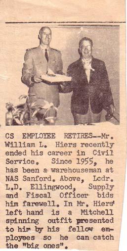 In 1945 William Hiers began working at the Sanford Naval Air Station, Sanford, FL pg 13/17 (Picture